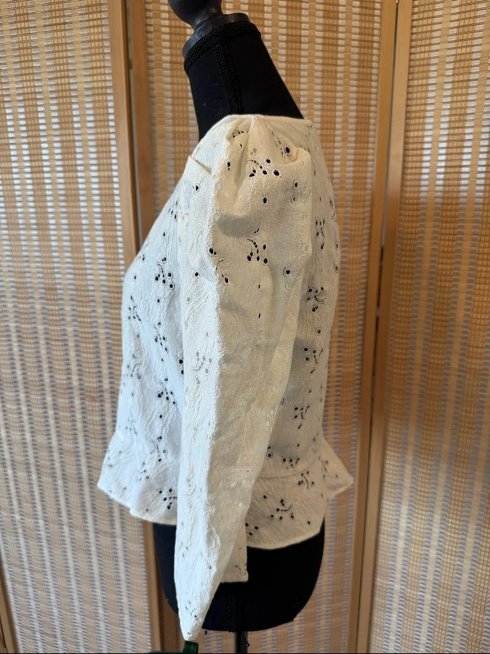 Zara Cream Eyelet Puff-Sleeve Peplum Blouse
